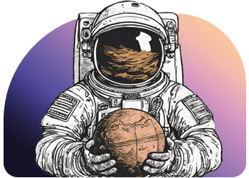 mascotte de deverywhere tenant un objet ressenblant a une planéte.